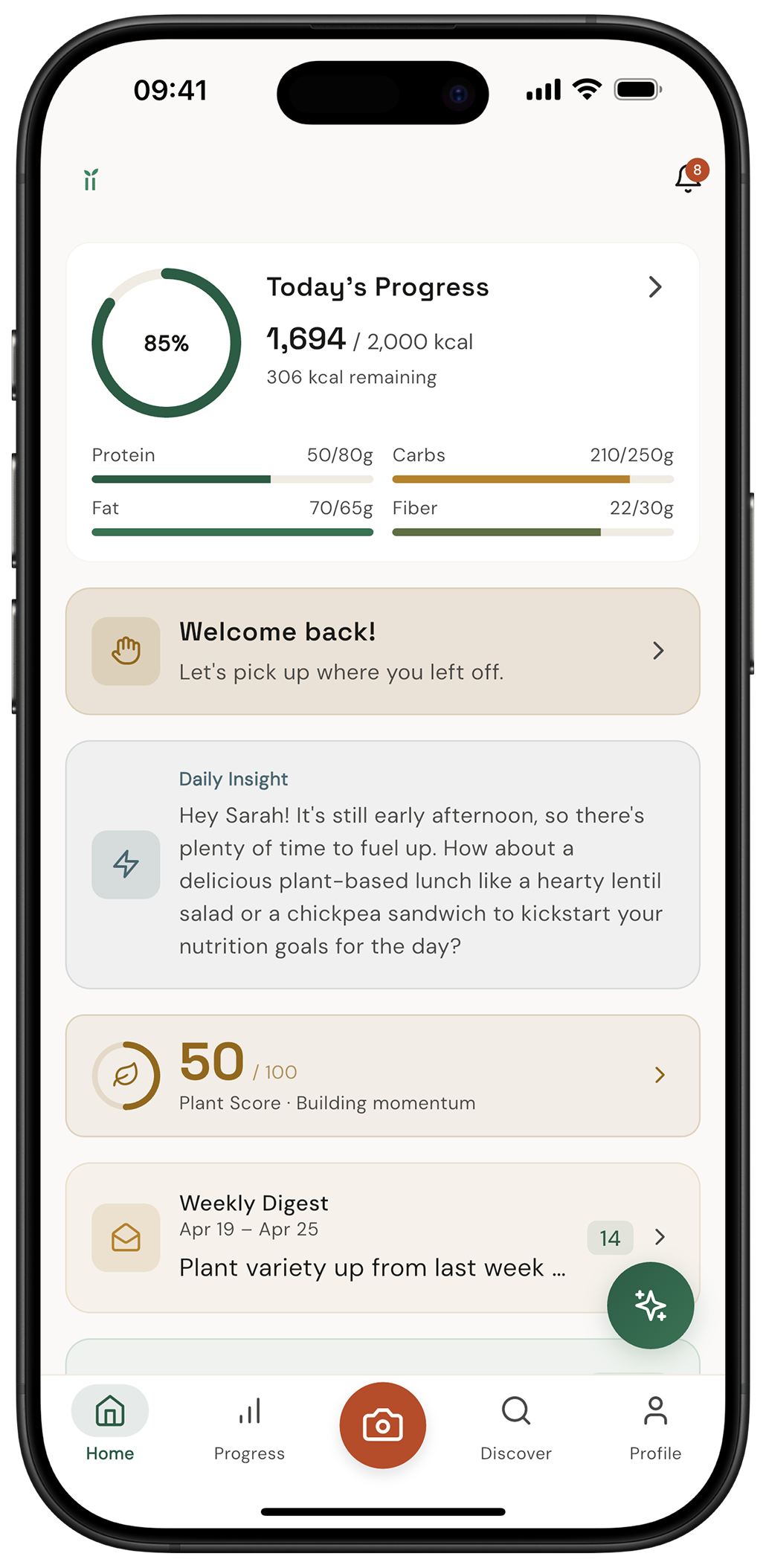 Nourii app home screen showing nutrition dashboard